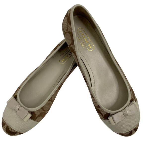 Coach Womens Cindie Flats Bow Beige & Brown 6M Y10664 Monogram Y10664 EUC - Picture 2 of 11